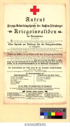 Originaltitel: Aufruf zu einer Herzogs-Geburtstagsspende der Sachsen-Altenburger für die Kriegsinvaliden im Herzogtume
