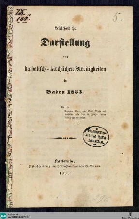 Leichtfaßliche Darstellung der katholisch-kirchlichen Streitigkeiten in Baden 1853