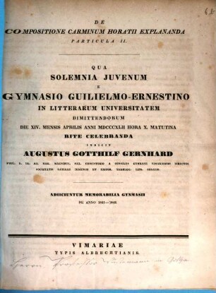 De Compositione Carminum Horatii explananda : Gymnasialprogr. mit Jahresbericht, 2
