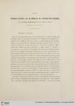 Premier rapport à M. le Ministre de l’Instruction Publique sur une mission archéologique dans le midi de l'Italie, [1]