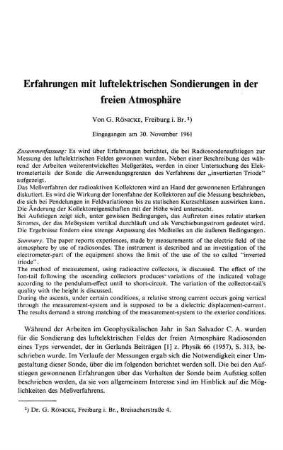 Erfahrungen mit luftelektrischen Sondierungen in der freien Atmosphäre