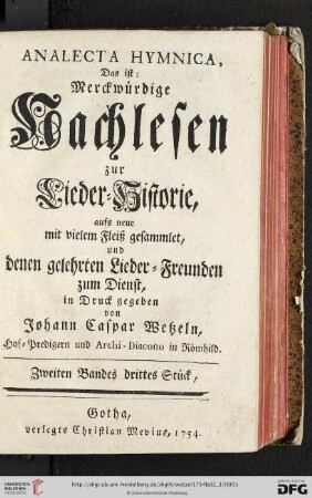 Band 2,3: Analecta Hymnica: Das ist: Merckwürdige Nachlesen zur Lieder-Historie