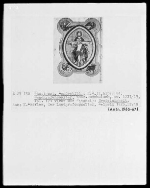 Psalterium (sogenannter Landgrafenpsalter) — Gnadenstuhl mit den Evangelistensymbolen, Folio 172verso