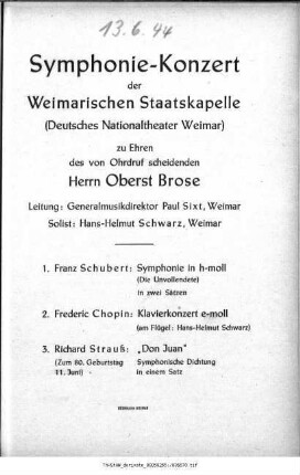 Symphonie-Konzert [...] zu Ehren [...] Oberst Brose