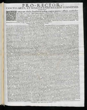 Pro-Rector, Cancellarius, Et Senatus Universitatis Tubingensis Lectoribus Salutem! : Si unquam clades Academiae nostrae corpus graviter afflixit ...