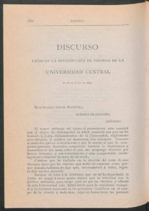 Discurso : Leído en la distribución de premios de la Universidad Central