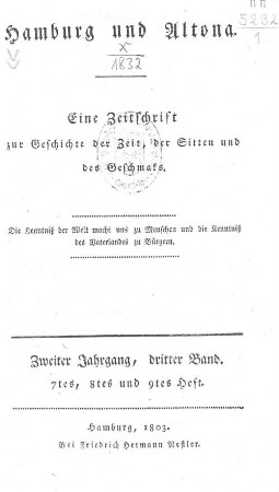 2.1803,3: Hamburg und Altona : eine Zeitschr. zur Geschichte d. Zeit, d. Sitten u.d. Geschmaks