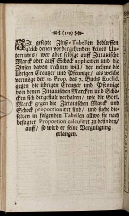 [Proportional-Tabellen. /Wie die Zinsen von Zittauischen Marcken zu rechnen.]