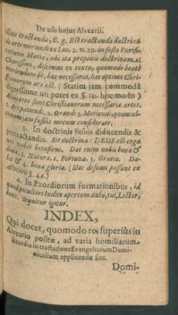 Index, qui docet quomodo res superius in Alveario positae