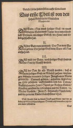Das erste Theil ist von den hohen Artickeln der Göttlichen Majestet ...