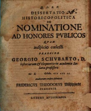 Dissertatio Historicopolitica De Nominatione Ad Honores Pvblicos