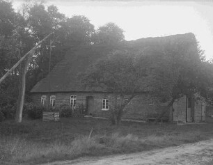 Reetgedecktes Bauernhaus mit Zugbrunnen auf dem Hof