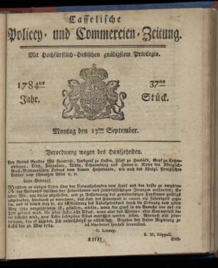 37tes Stueck, Montag den 13ten September. 1784