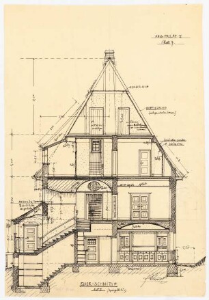 Landhaus Pallat in Stolpe, Berlin-Wannsee: Querschnitt 1:50 (spiegelbildlich zum Erstentwurf, siehe 43265)