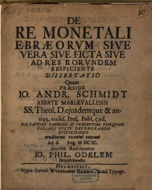De re monetali Ebraeorum, sive vera sive ficta sive ad res eorundem respiciente