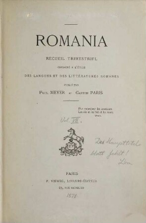 Romania : R ; revue consacrée à l'étude des langues et des littératures romanes, 7. 1878