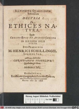 Illustrium Quaestionum Ethicarum Decuria I. De Ethices Natura