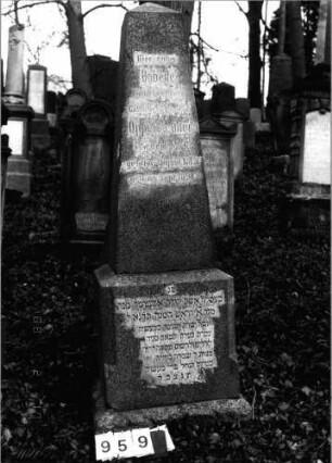 Grabstein 959 (Index: 99802658) Material: polierter Granit Zustand: sehr gut Maße HxBxT: 210x62x62 cm Beschreibung: getreppter Sockel, Obelisk Besonderheit: Zit.Spr.31, 20, Endreim, längerer Text: Grabstein 959