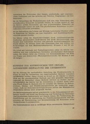 Hinweise zur Methodischen und Organisatorischen Gestaltung des Unterrichts