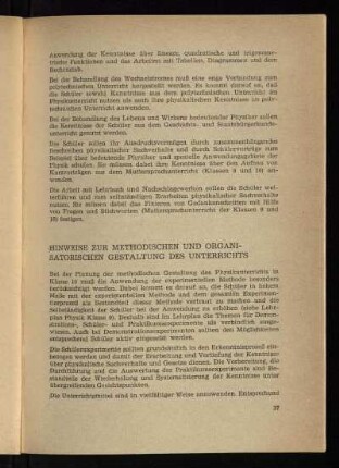Hinweise zur Methodischen und Organisatorischen Gestaltung des Unterrichts