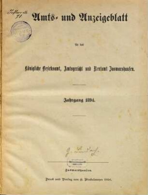 Amts- und Anzeigeblatt für das Königliche Bezirksamt Zusmarshausen. 1894