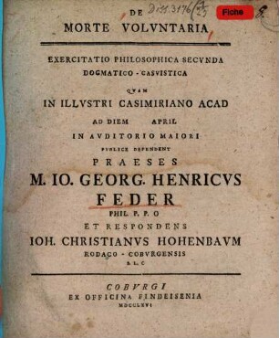 De morte voluntaria exercitatio philosophica secunda dogmatico-casuistica
