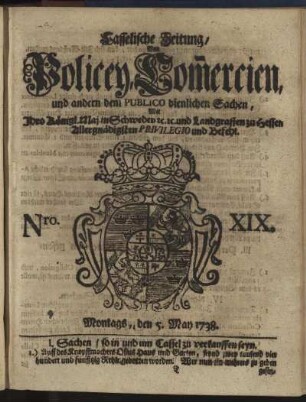 Nro. XIX, Montags, den 5. May 1738