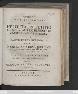 Qvaestio Ivris Controversi An Hereditatis Petitio Rei Singvlaris Ex Hereditate Vindicationem Svspendat