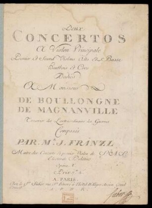 Deux concertos à violon principale, premier et second violons, alto et basse, hautbois et cors. Violino principale : opera V