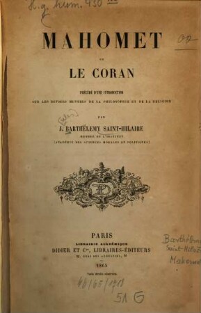 Mahomet et le Coran : Précédé d'une introduction sur les devoirs mutuels de la philosophie et de la religion. [Muhammed]
