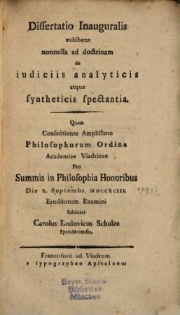 Diss. inaug. exhibens nonnulla ad doctrinam de iudiciis analyticis atque syntheticis spectantia