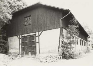 Kreischa-Sobrigau, Lockwitzgrund 123. Schokoladenfabrik Rüger (Wohn- und Gewerbepark). Lagergebäude (Schuppen)