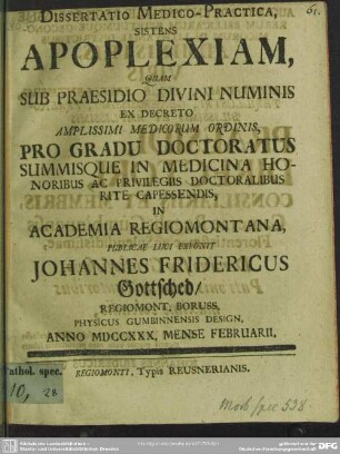 Dissertatio Medico-Practica, Sistens Apoplexiam