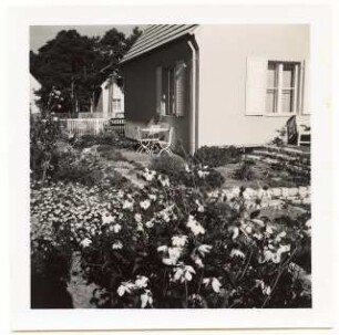 Garten Fröhlich, Kleinmachnow: Sitzplatz am Haus mit Sommerblumen