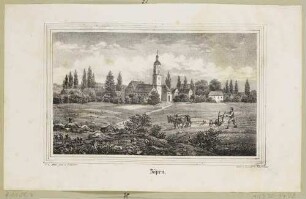 Ortsansicht von Zöpen mit der Laurentiuskirche (heute Neukieritzsch-Lobstädt-Kahnsdorf) nordwestlich von Borna, aus Sachsens Kirchen-Galerie von Hermann Schmidt, Bd. 6, 1841