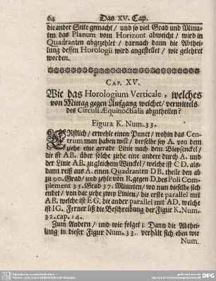 Cap. XV. Wie Von das Horologium Verticale, welches von Mittag gegen Aufgang weicht/ vermittels des Circuli Aequinoctalis abzutheilen?