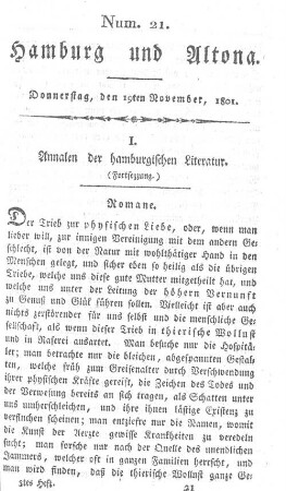 I. Annalen der hamburgischen Literatur. (Fortsezzung.)