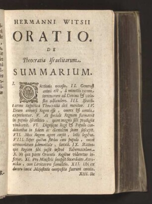 Hermanni Witsii Oratio. De Theocratia Israelitarum. Summarium.