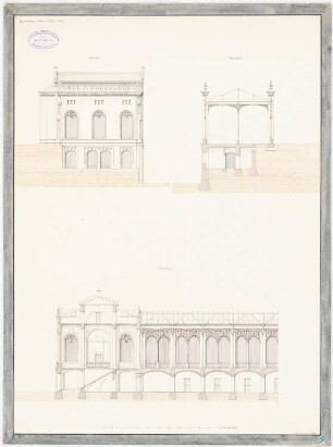 Erbauung der Neubrunn-Colonnade, Karlsbad: Seitenansicht, 2 Schnitte