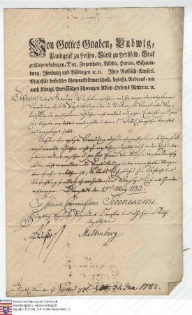 Landgraf Ludwig IX.: Reskript betreffend die Zerstückelung oder stückweise Vererbung oder Verkauf geschlossener Güter