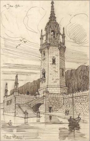 Pfann, Paul; Perspektivische Zeichnungen - Turm mit Freitreppe am Wasser (Perspektive)