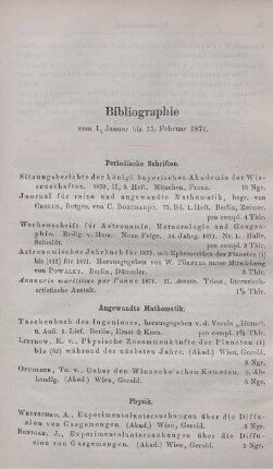 Bibliographie vom 1. Januar bis 15. Februar 1871.