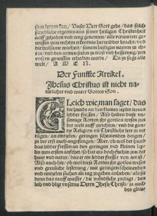 Der Funffte Artikel. Jhesus Christus ist nicht natürlicher und warer Gottes Son.