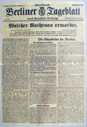 Titelseite des "Berliner Tageblatt" zum Mord an Walther Rathenau