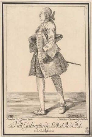 Schreitender Herr mit Dreispitz (Herzog Bonelli), Bl. 8 der "Raccolta di XXIV Caricature", Dresden 1750