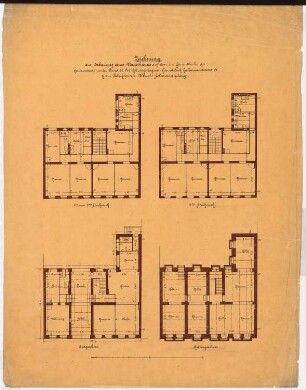 Wohn- und Fabrikgebäude Albrecht Soltmann, Berlin-Kreuzberg: 1. Entwurf: Vorderhaus: Grundriss Keller, EG, 1. u. 2. OG, 3. OG