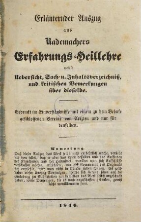 Erläuternder Auszug aus Rademachers Erfahrungs-Heillehre