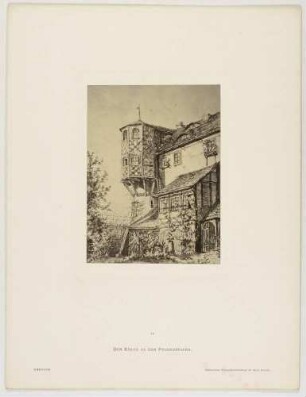 Polygonaler Erker mit Fachwerk an den Frauenstufen in der Altstadt von Meißen, Blatt 11 aus der Mappe "Meißen" nach Federzeichnungen von Bernhard Mannfeld