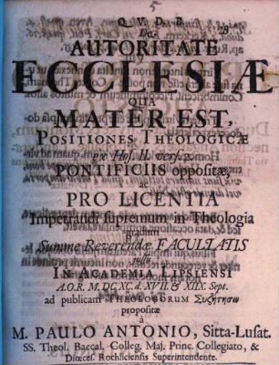 De autoritate ecclesiae, qua mater est, positiones theologicae