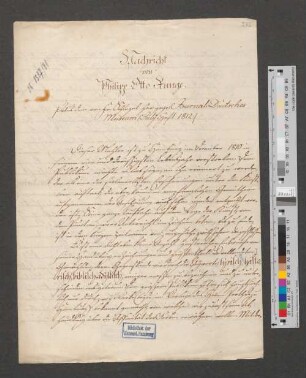 Nachricht von Philipp Otto Runge. Aus dem von Fr. Schlegel her:gege: Journal: Deutsches Museum.